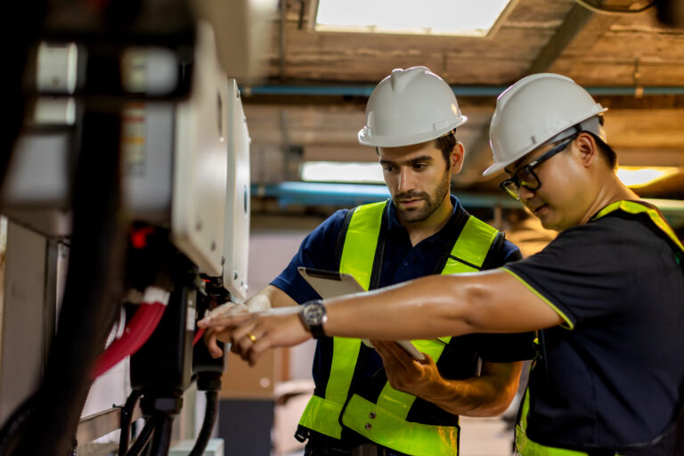 Electrical engineer working in control room. Electrical engineer man checking Power Distribution Cabinet in the control room